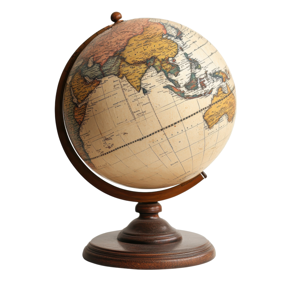 Ornate antique-style globe on a wooden stand. png