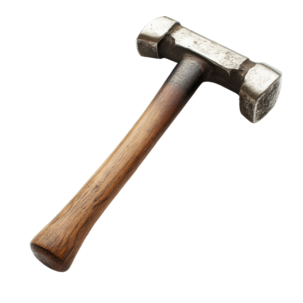 A forged metal hammer with a wooden handle. png
