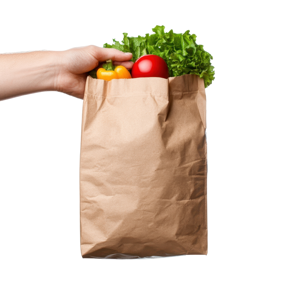 Hand holding a brown paper grocery bag filled with produce. png