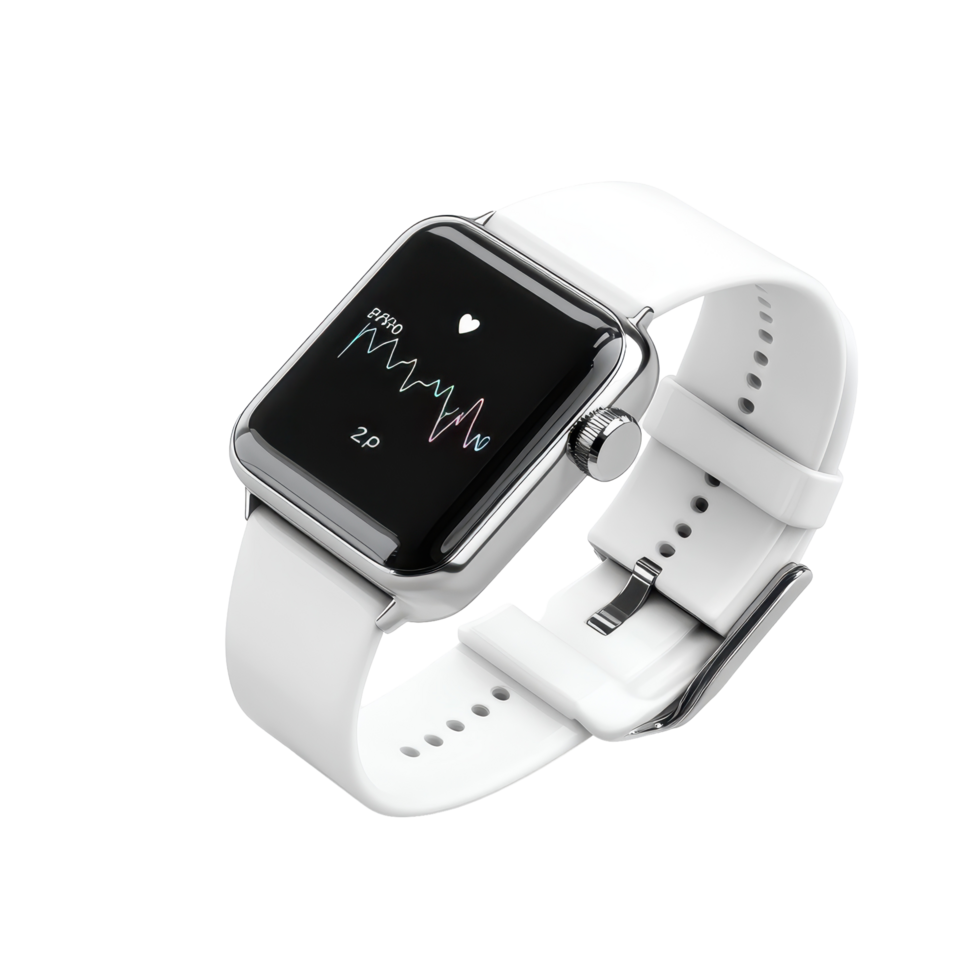 Sleek white smartwatch displaying a heart rate monitor. png