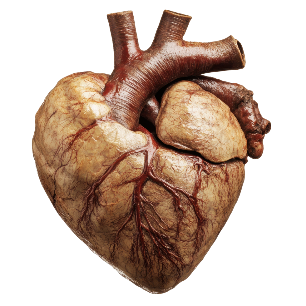 Preserved human heart, showcasing anatomical structure. png