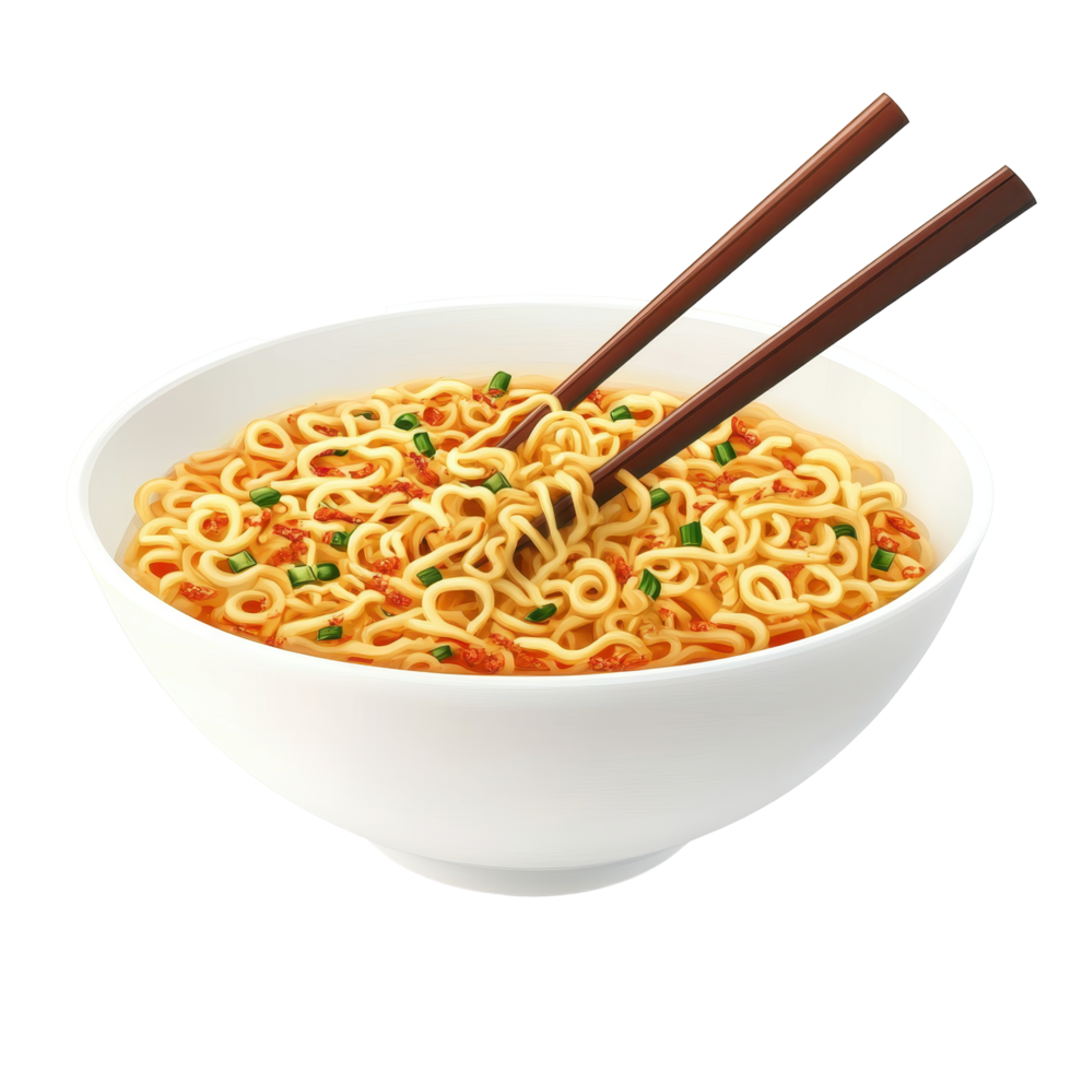 Instant ramen noodles in a white bowl with chopsticks. png
