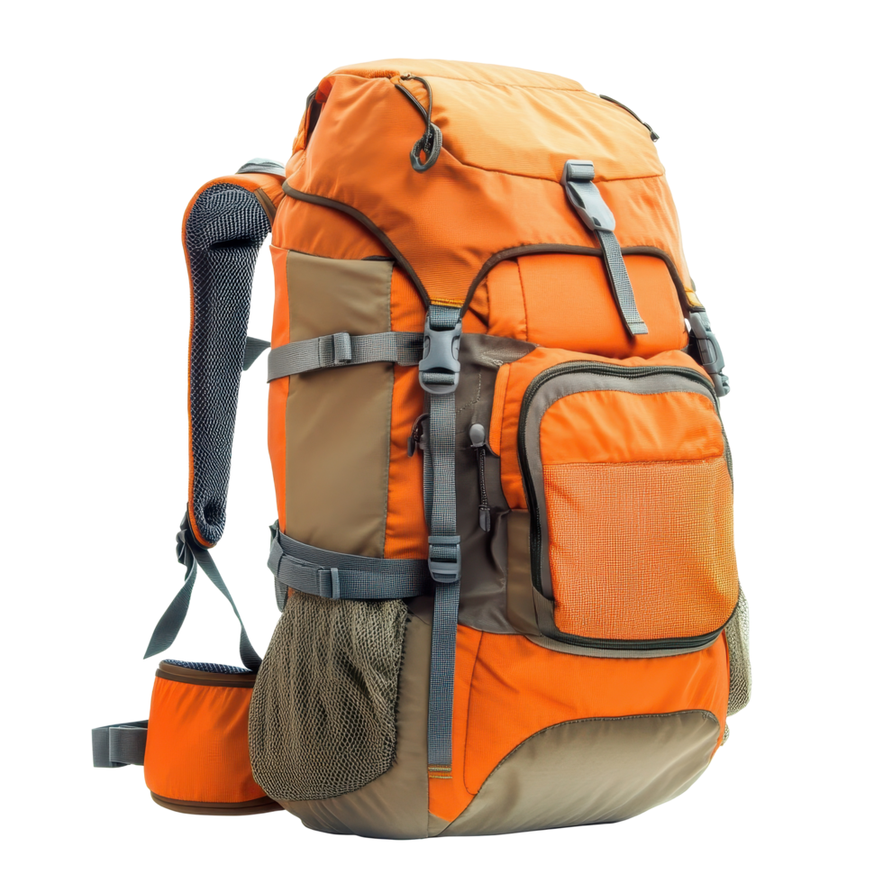Bright orange hiking backpack with adjustable straps. png