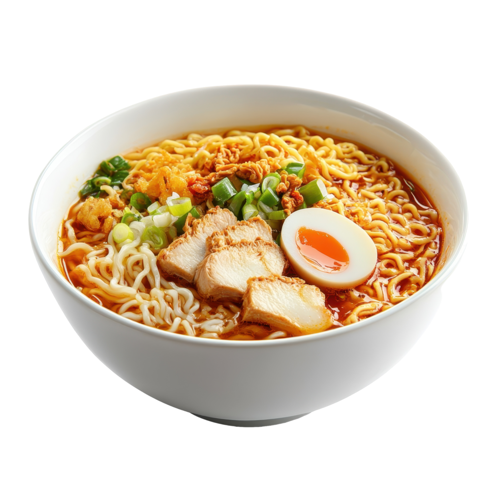 Spicy chicken ramen noodles in a white bowl. png