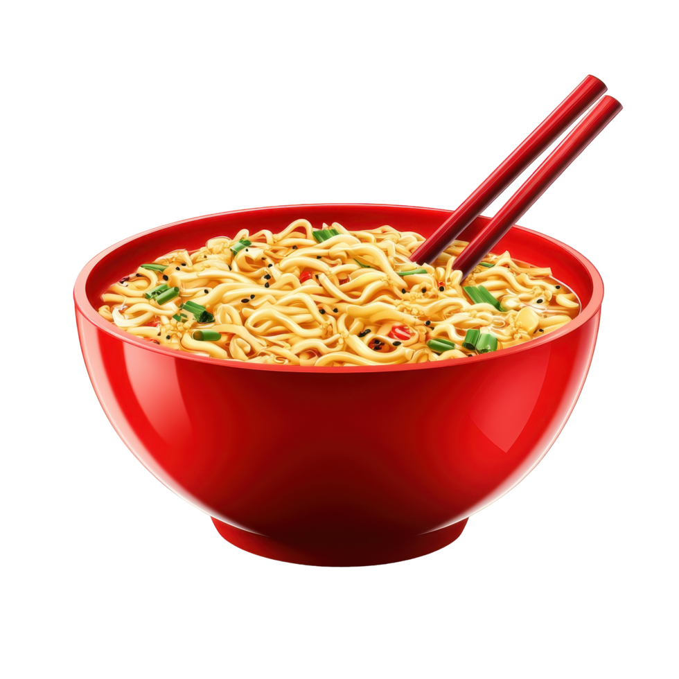 Spicy instant noodles in a red bowl, ready to eat. png