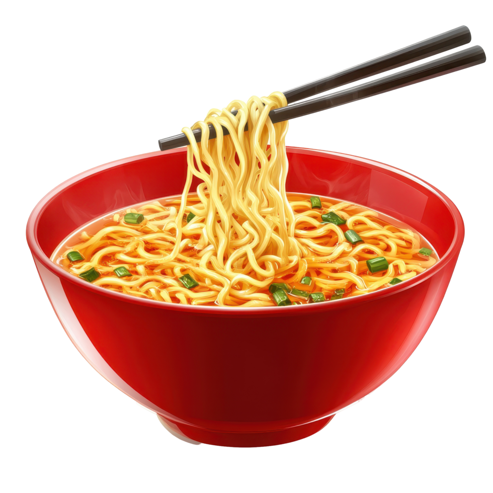 Delicious instant ramen noodles in a red bowl. png