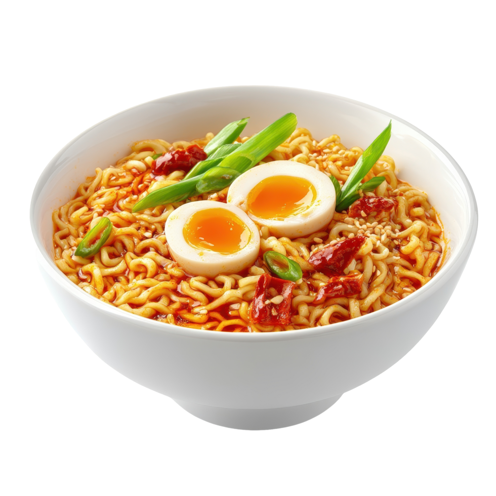 Spicy instant noodles with soft-boiled eggs. png