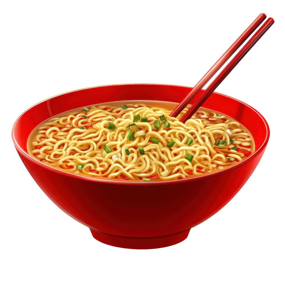 Spicy instant noodles in a red bowl with chopsticks. png