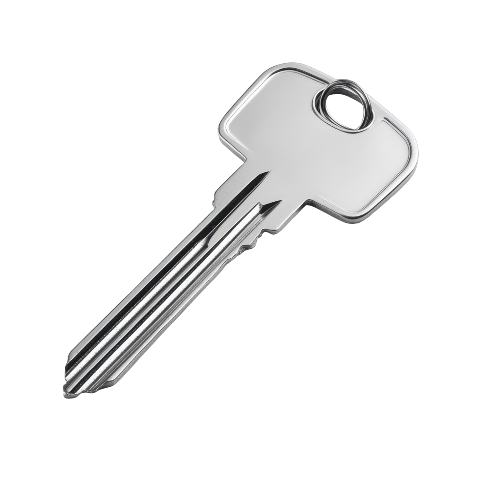 Stainless steel house key displayed in a studio setting. png