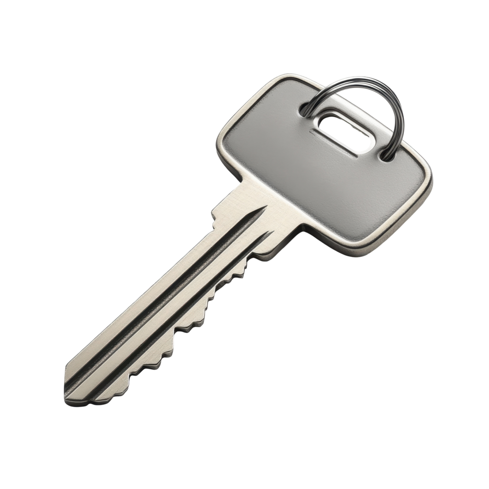 Metallic key rests on a dark, shadowed surface. png