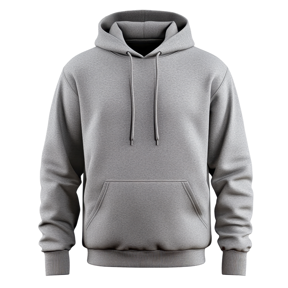 Gray hoodie with drawstring and front pocket. png