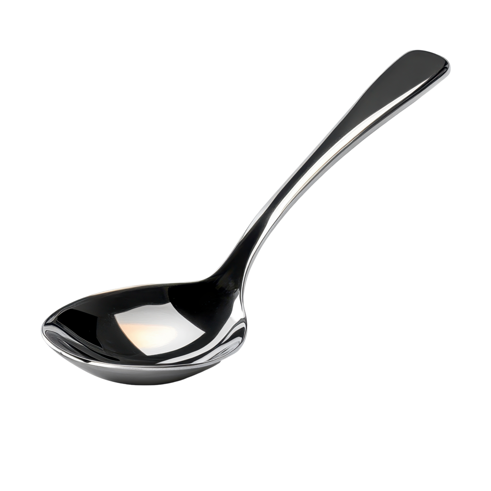 Polished metallic spoon with a curved handle. png