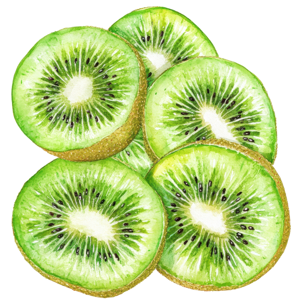 Freshly sliced kiwi fruit arranged in a close-up display. png