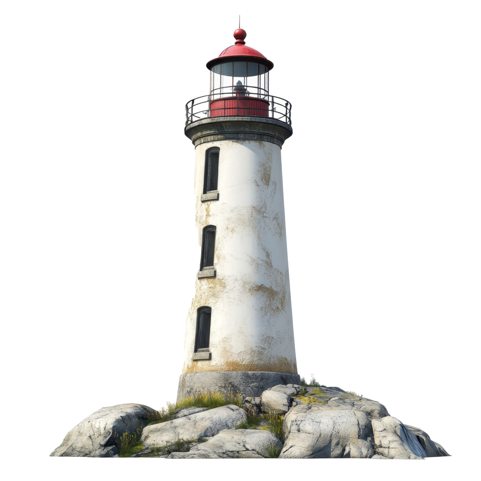 A weathered lighthouse stands tall on rocky coast. png