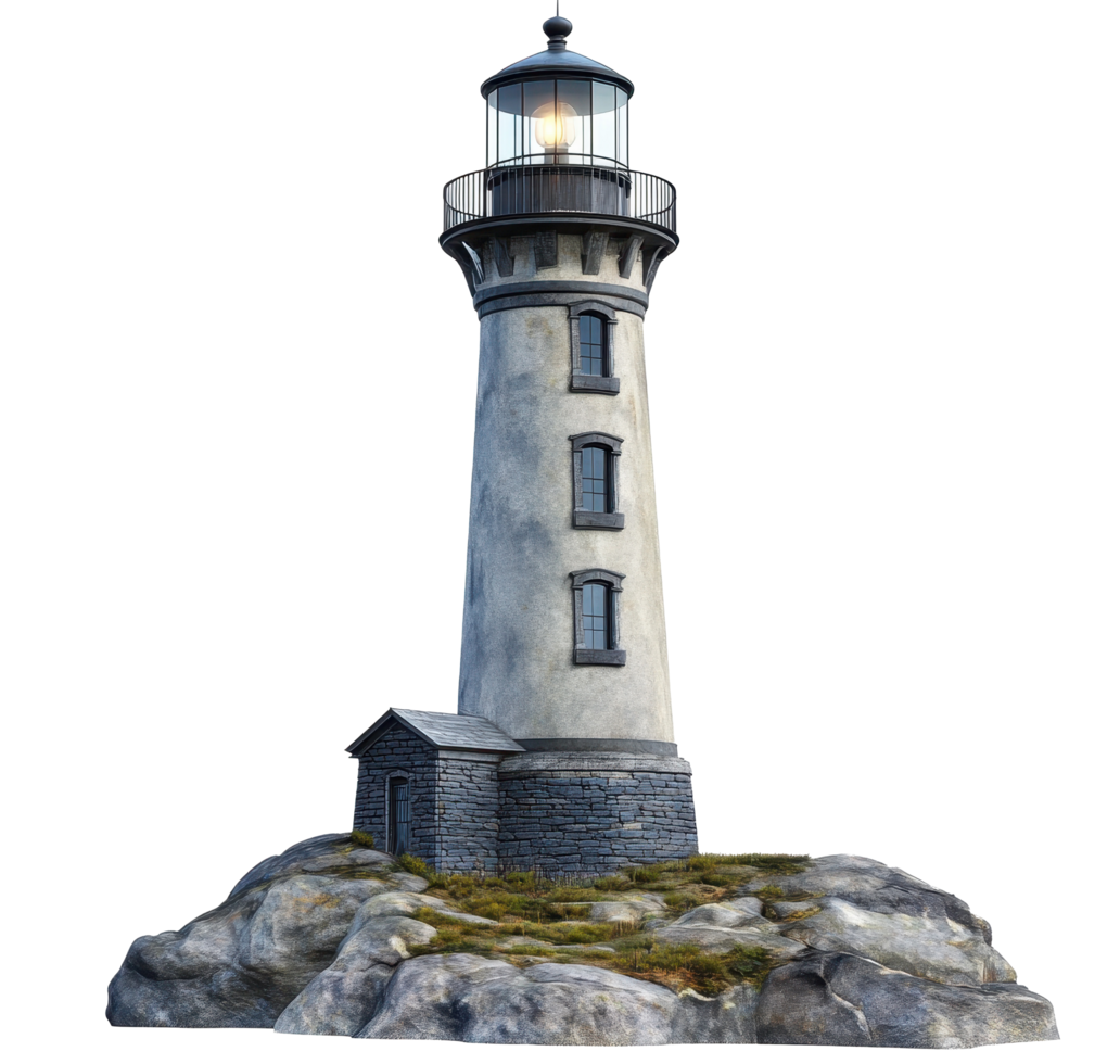 Gray stone lighthouse stands tall on rocky outcrop. png