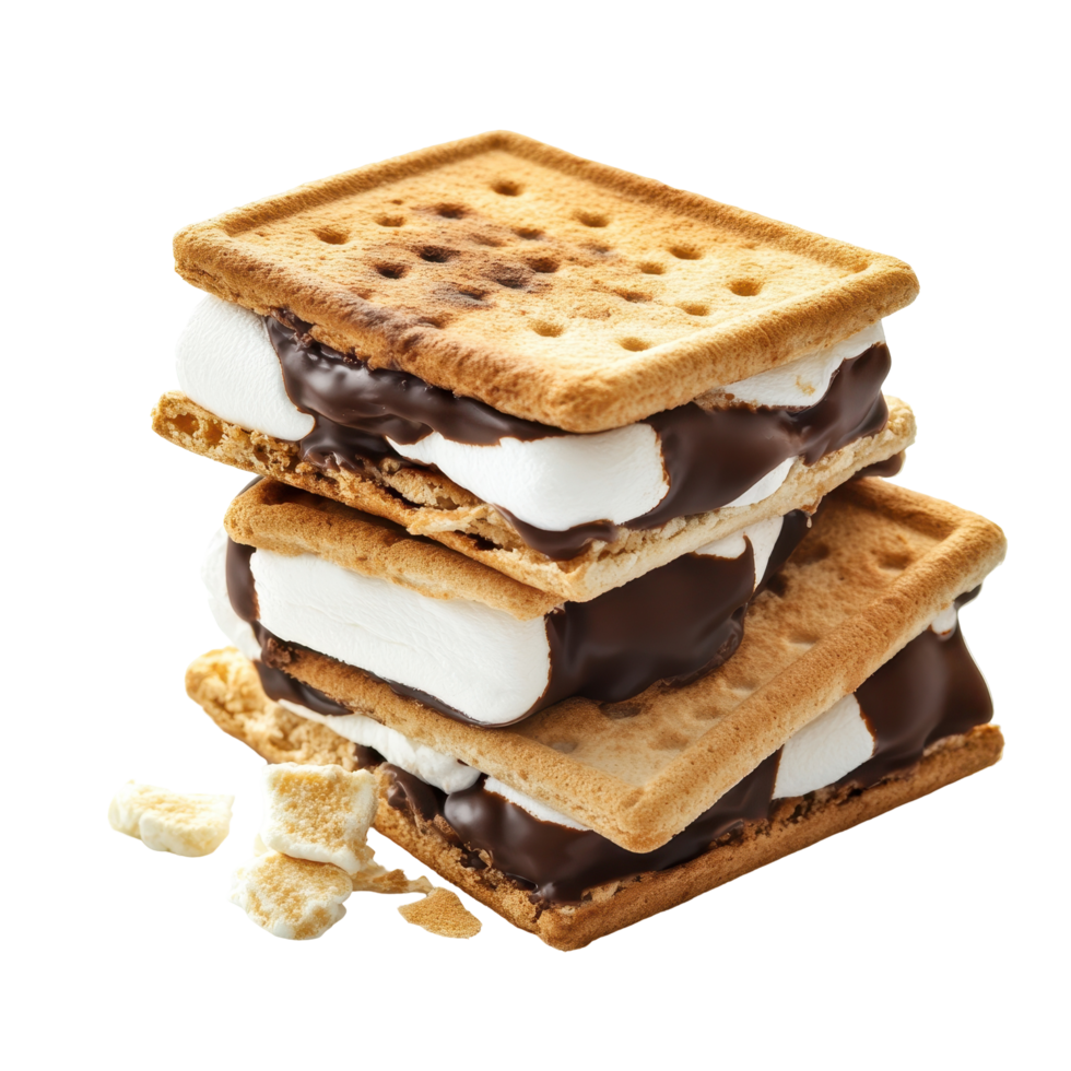 Two s'mores stacked high, drizzled with melted chocolate. png
