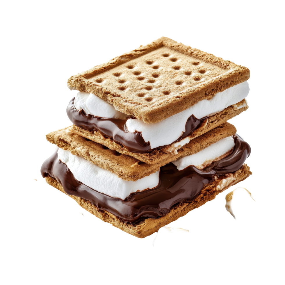 Two s'mores stacked high, showcasing gooey chocolate and fluffy marshmallows. png