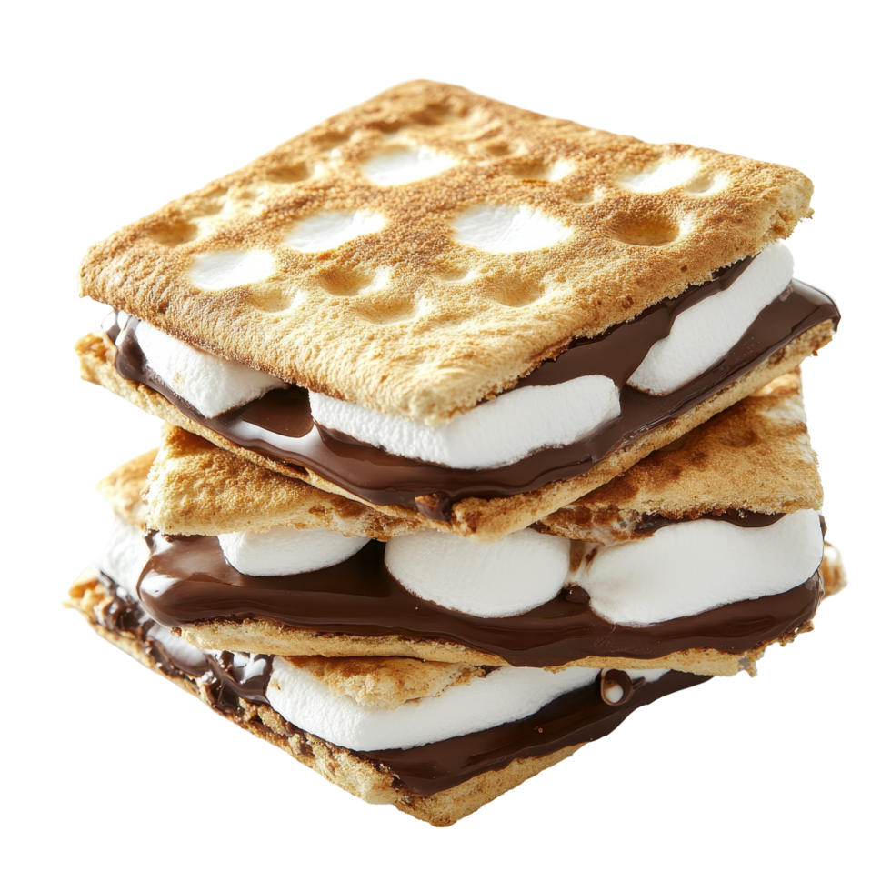 Melted chocolate and marshmallow s'mores sandwich stack. png