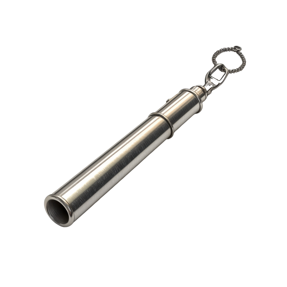 Metallic cylindrical whistle with a chain attachment. png