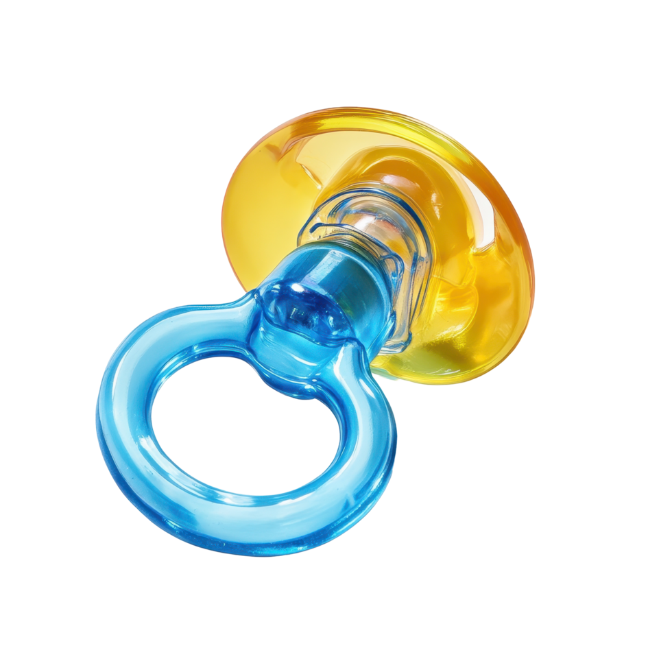 Bright yellow and blue pacifier with a ring. png