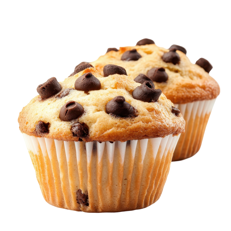 Two golden brown chocolate chip muffins sit side by side. png