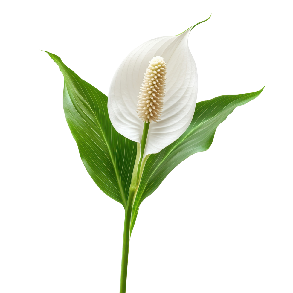 A single, elegant peace lily in a studio setting. png