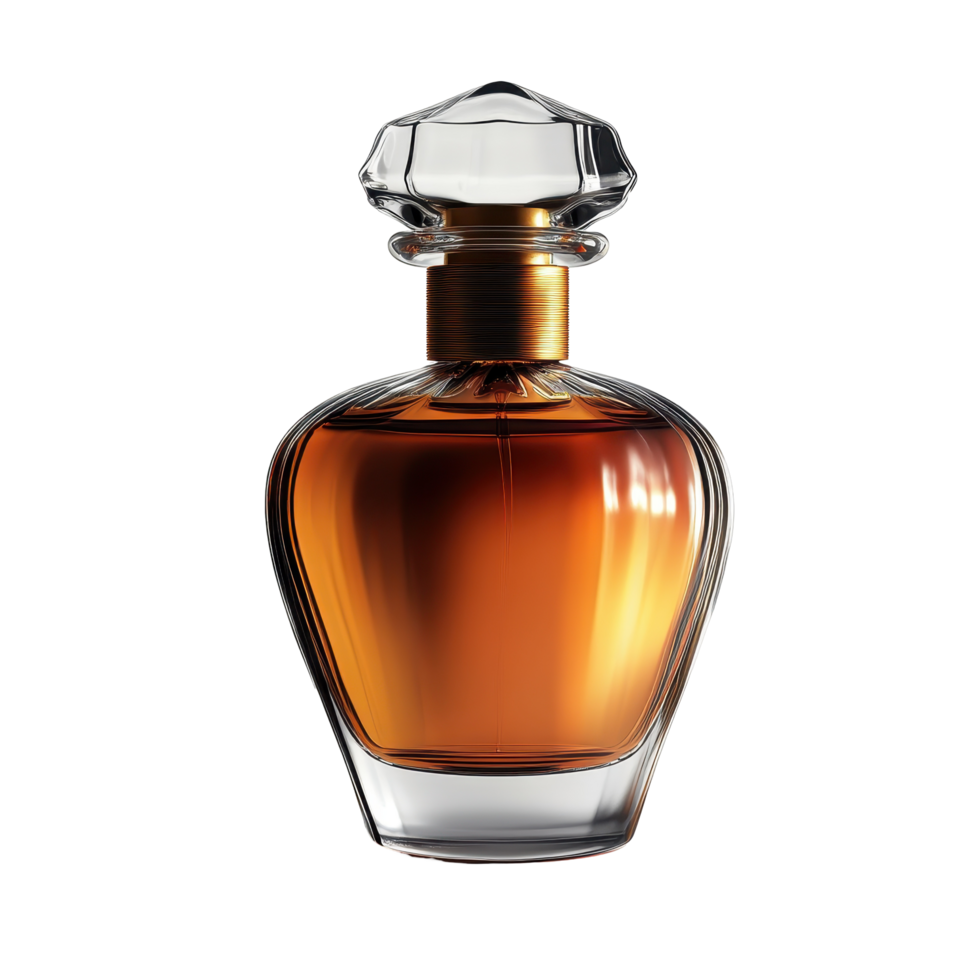 Elegant amber perfume bottle, showcasing a luxurious design. png