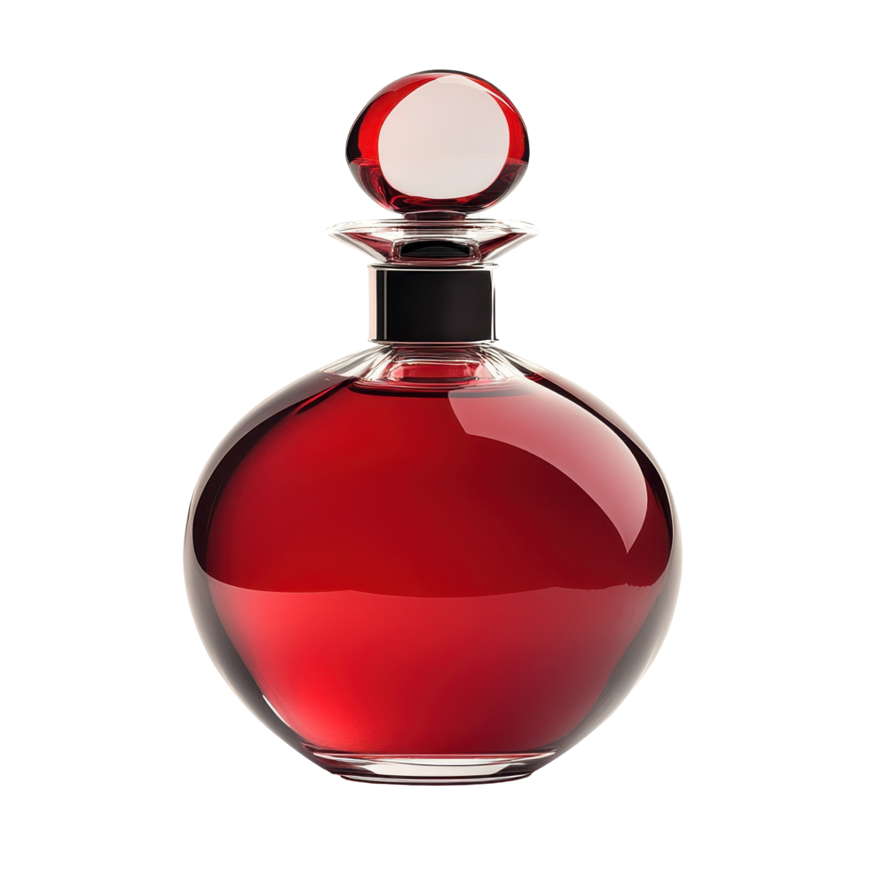 Elegant, round decanter filled with a deep ruby-red liquid. png