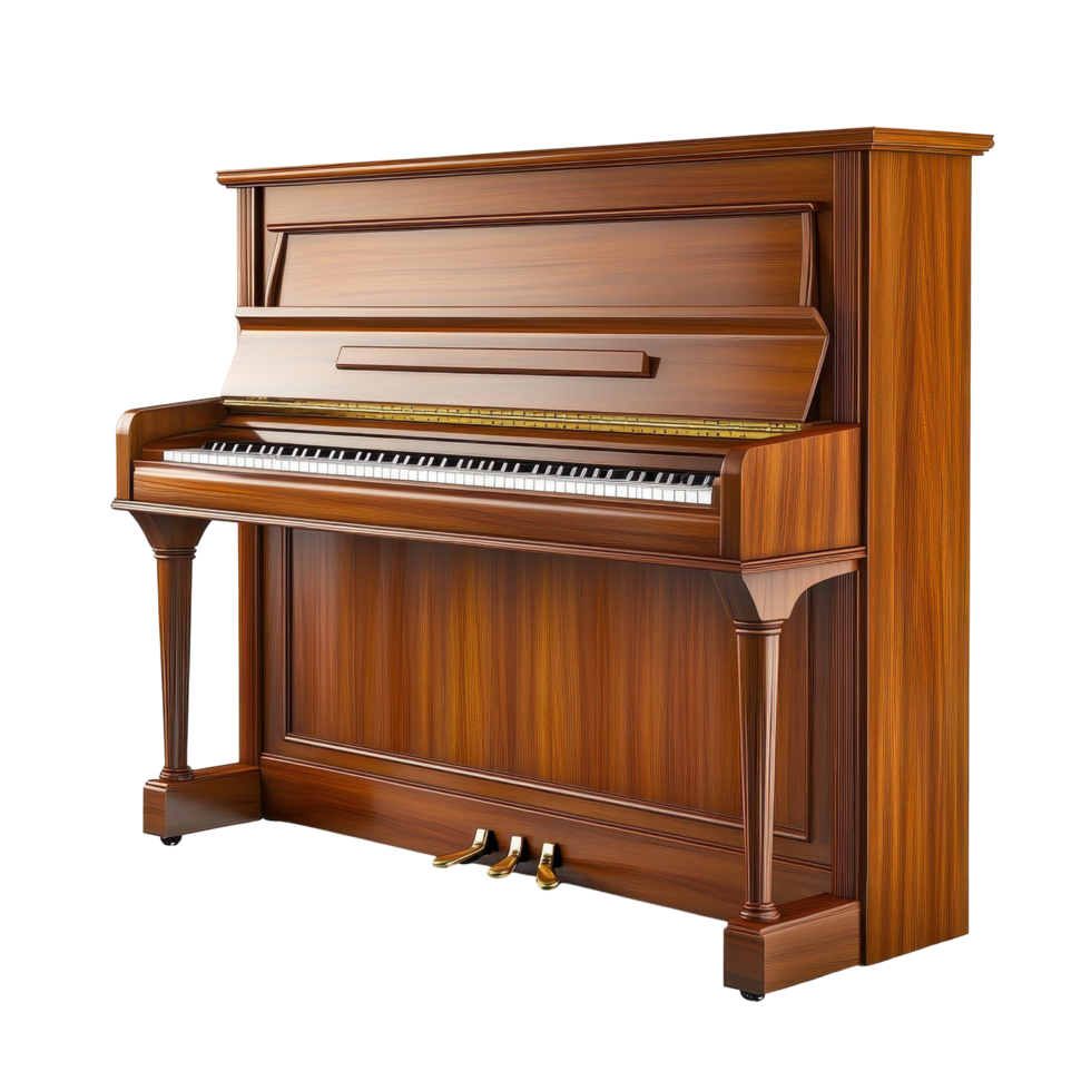 Ornate, classic upright piano in a rich, wooden finish. png