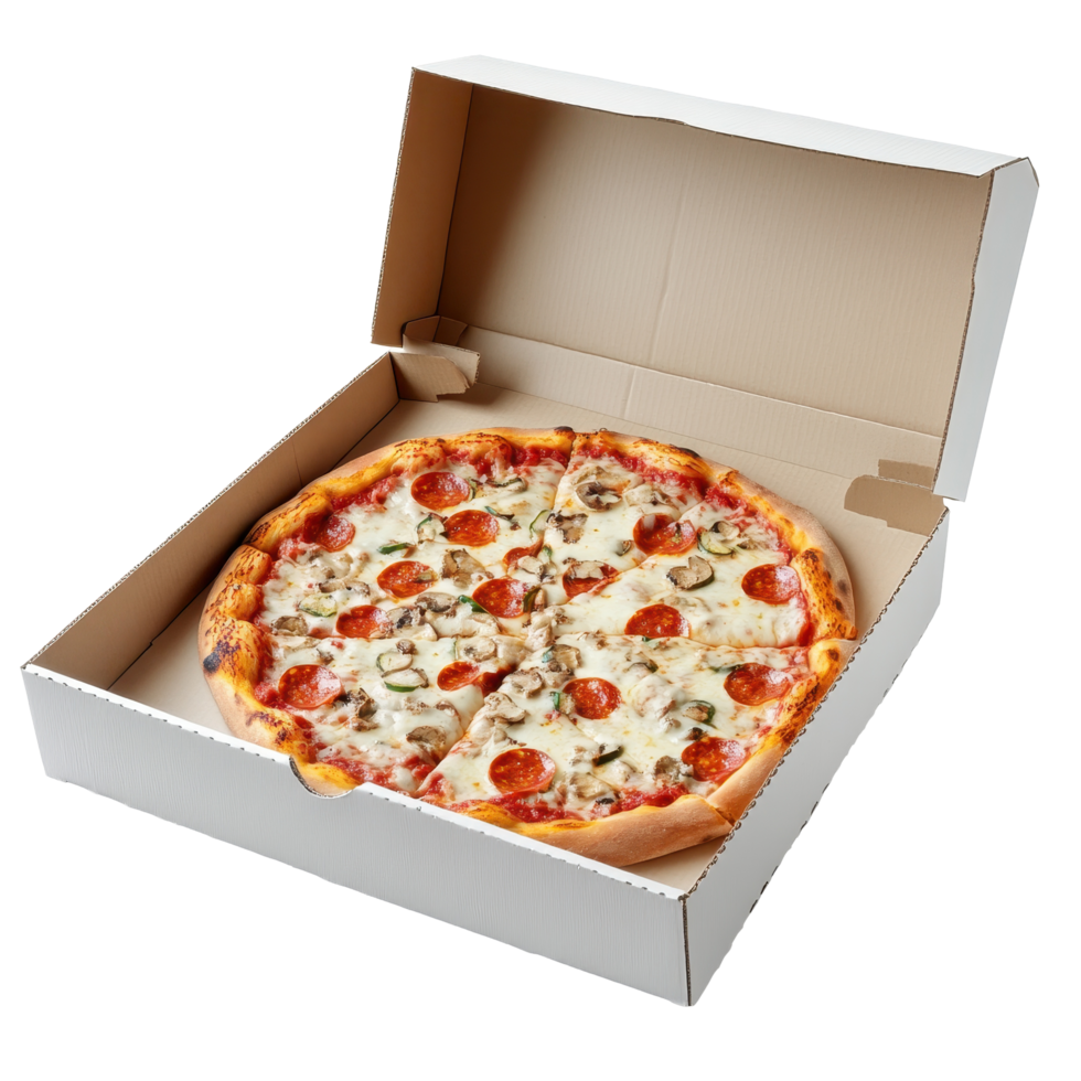 Deliciously sliced pizza in a white cardboard delivery box. png