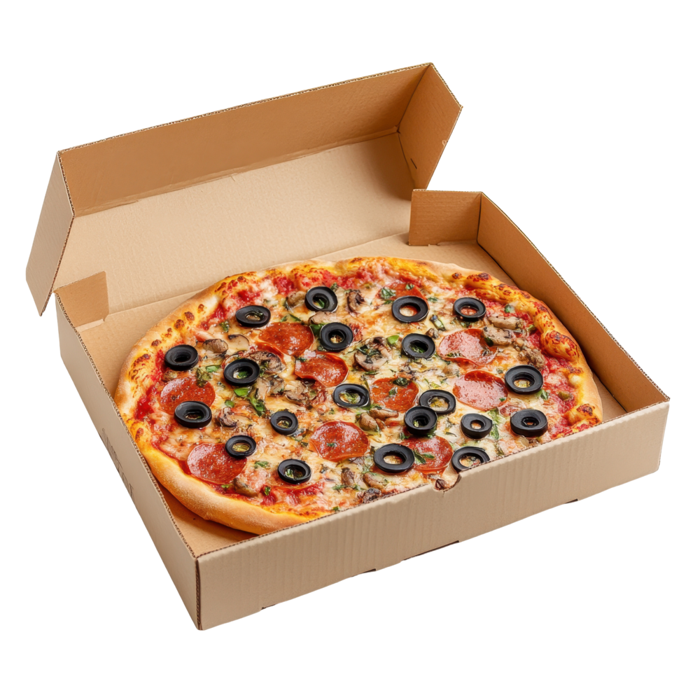 Freshly baked pepperoni pizza with olives and mushrooms in a cardboard box. png