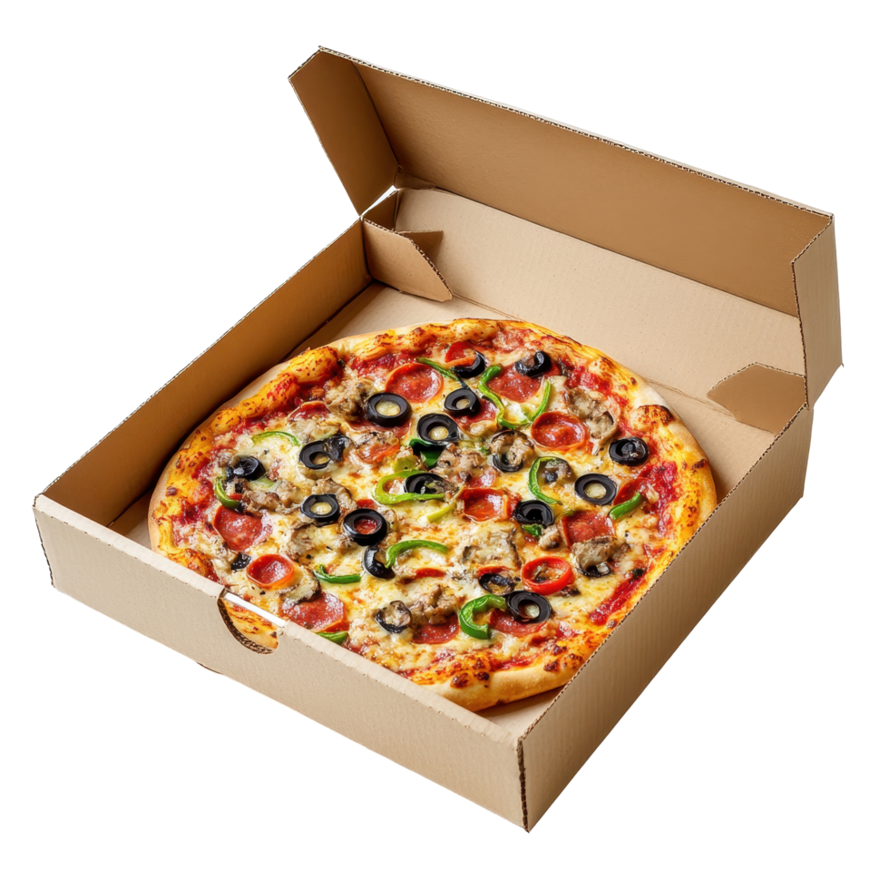 Square pizza box holding a topped pizza. png