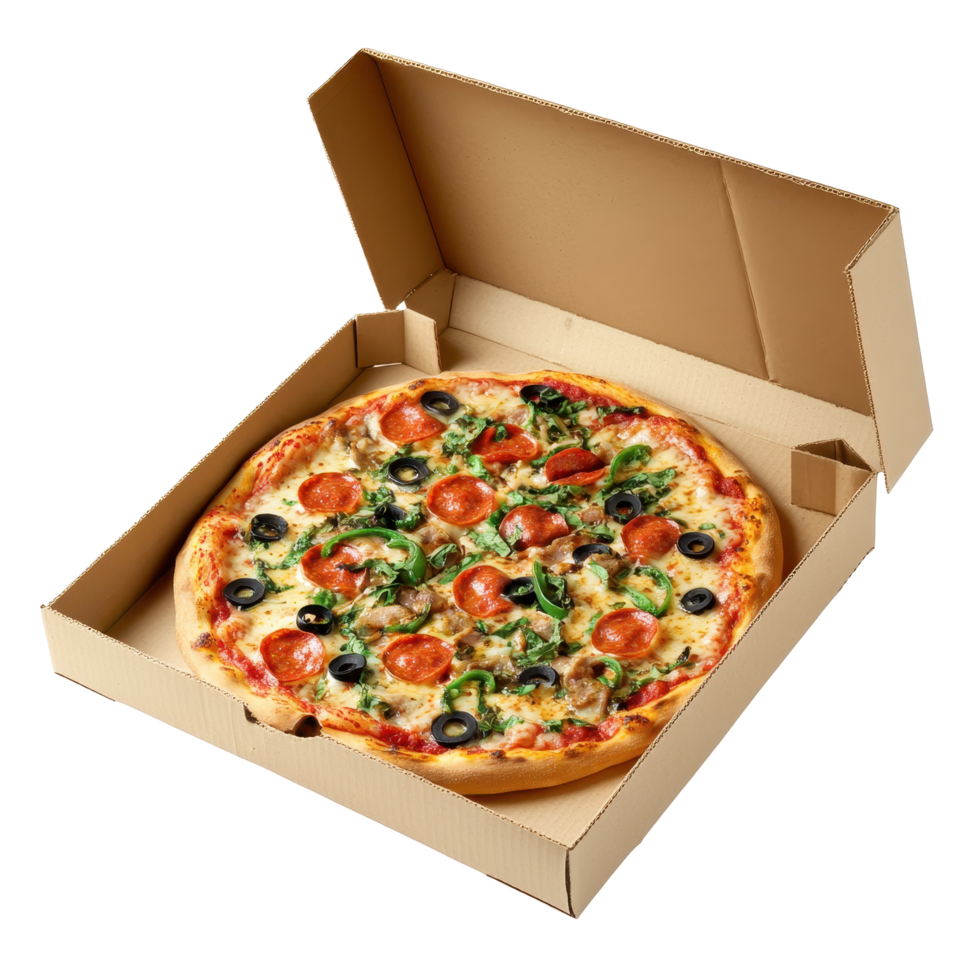Pizza in a cardboard delivery box. png