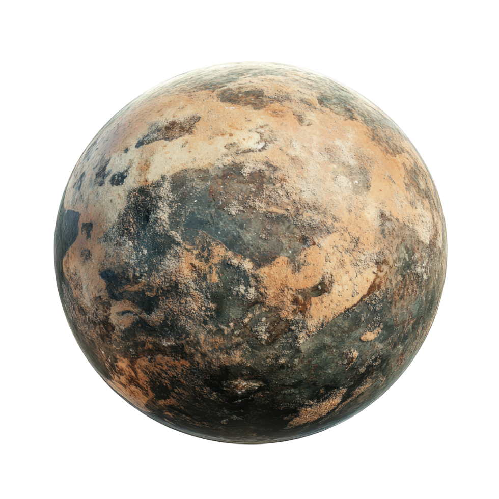 A spherical celestial body with variegated terrain. png