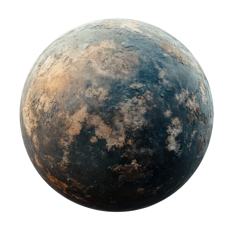 A desolate, aged planetary sphere displays varied textures. png