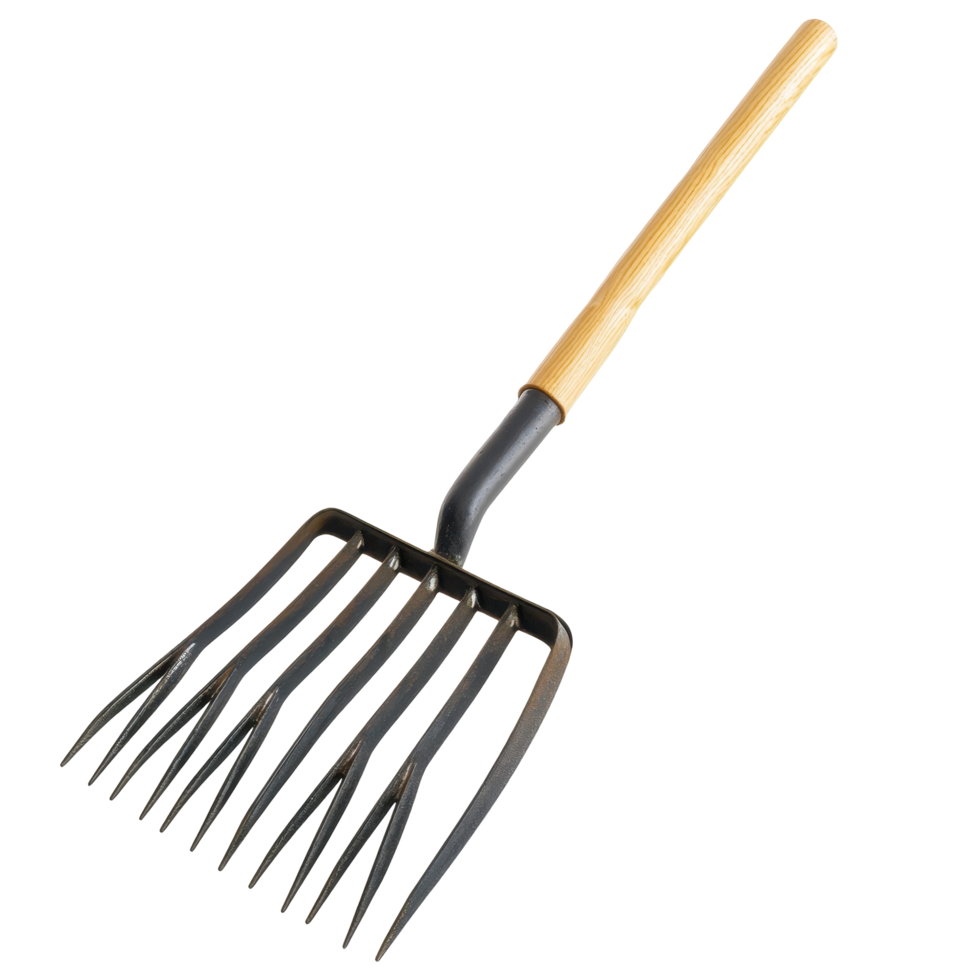 Wooden-handled pitchfork leans against a light tan surface. png