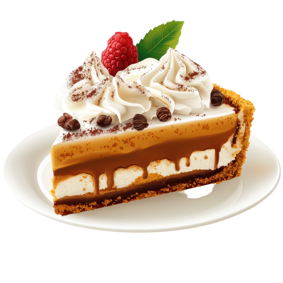 Delicious slice of coffee-flavored pie with whipped cream and raspberries. png