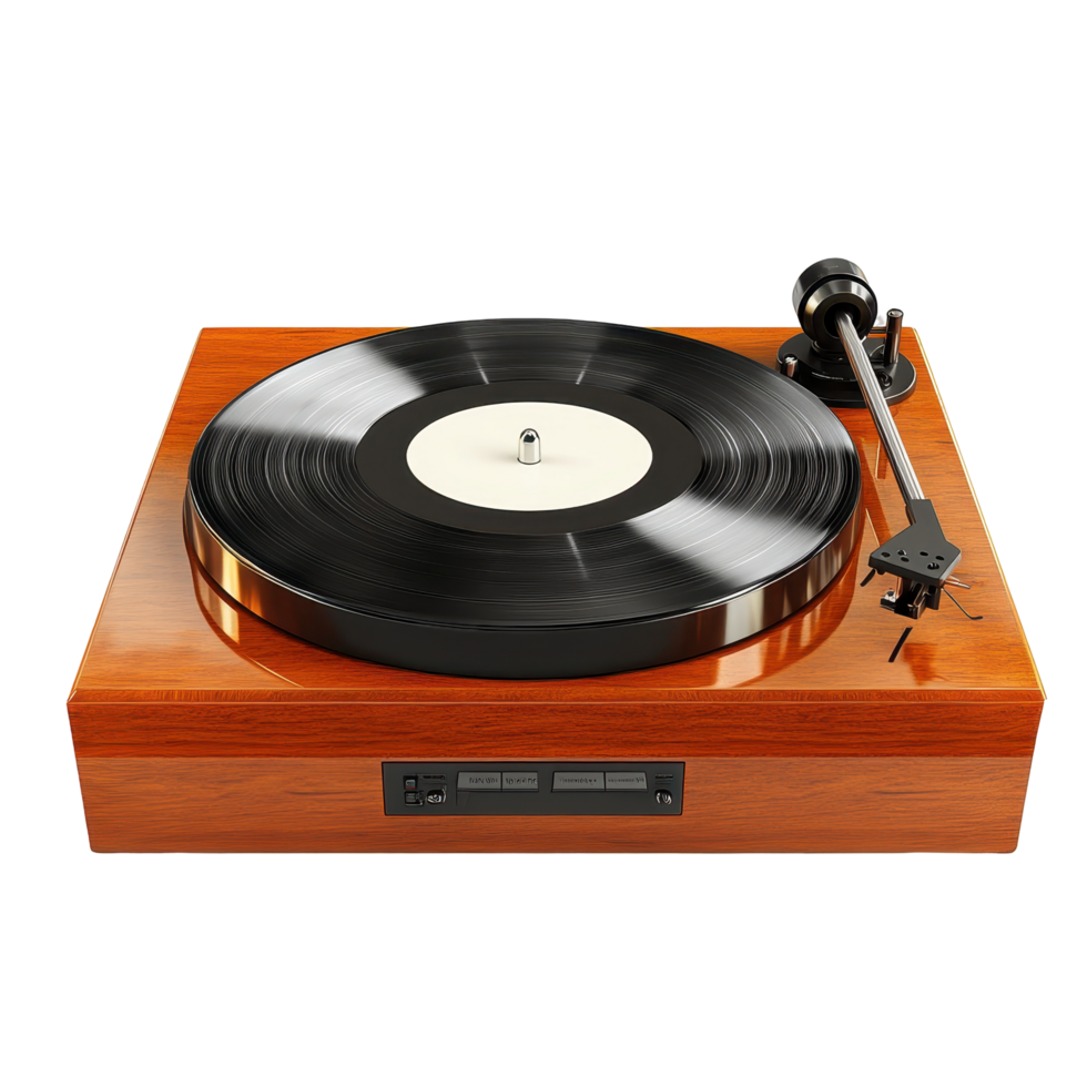 Vintage wooden record player with spinning vinyl disc. png