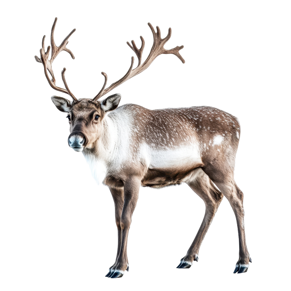 Majestic reindeer stands proud, showcasing its impressive antlers. png