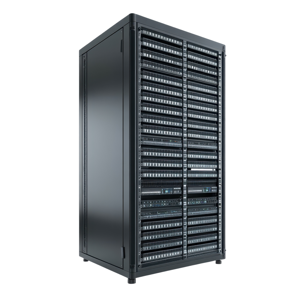 Modern server rack with open door showcasing internal components. png