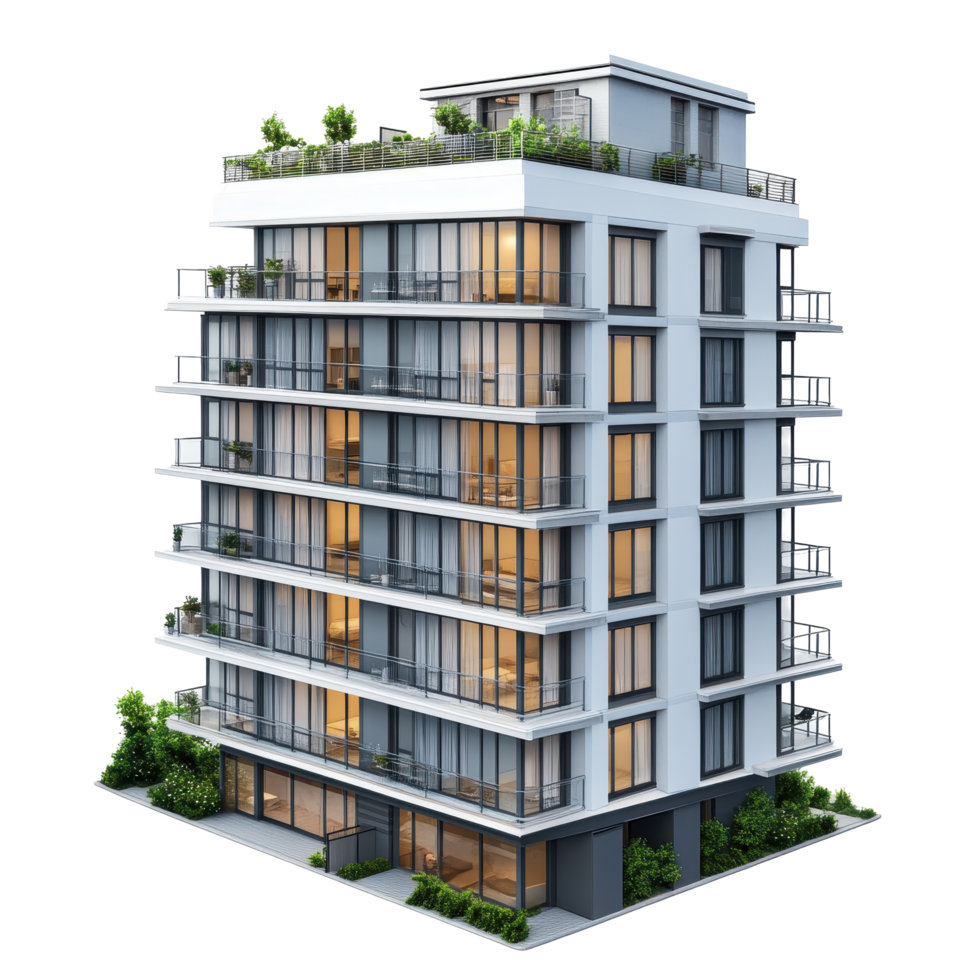 Modern multi-story residential building with rooftop garden. png