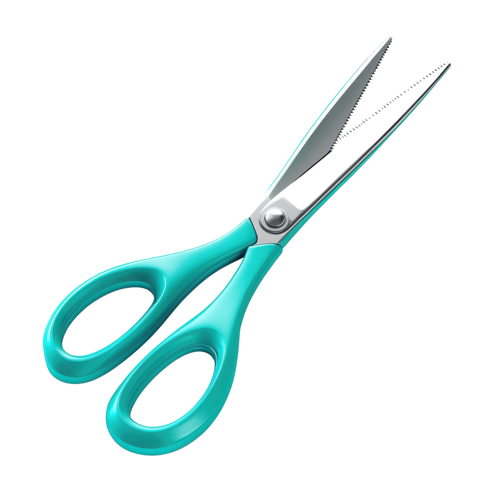 Teal-handled, sharp scissors are depicted against a dark background. png