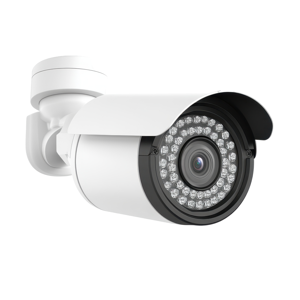 White security camera with lens and housing. png