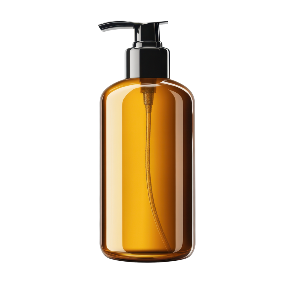 Amber glass pump bottle for liquid soap or lotion. png
