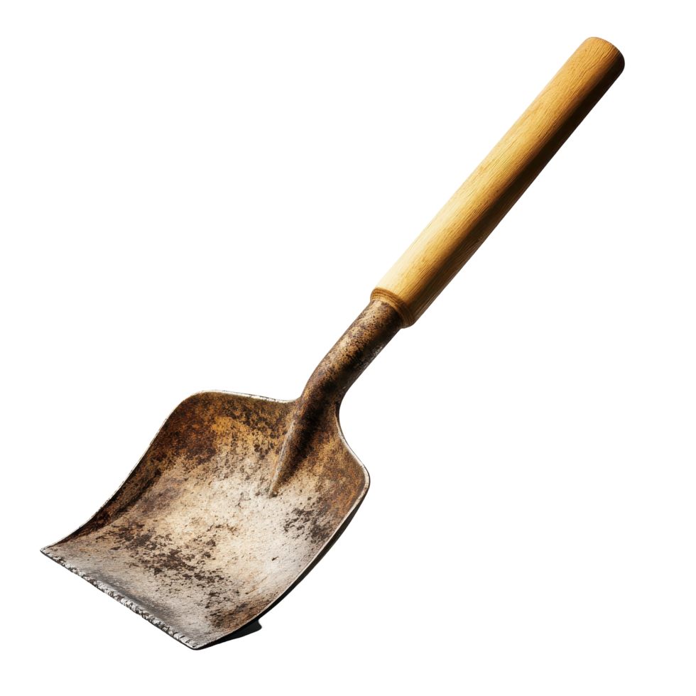 Rusty shovel angled against a vibrant blue background. png