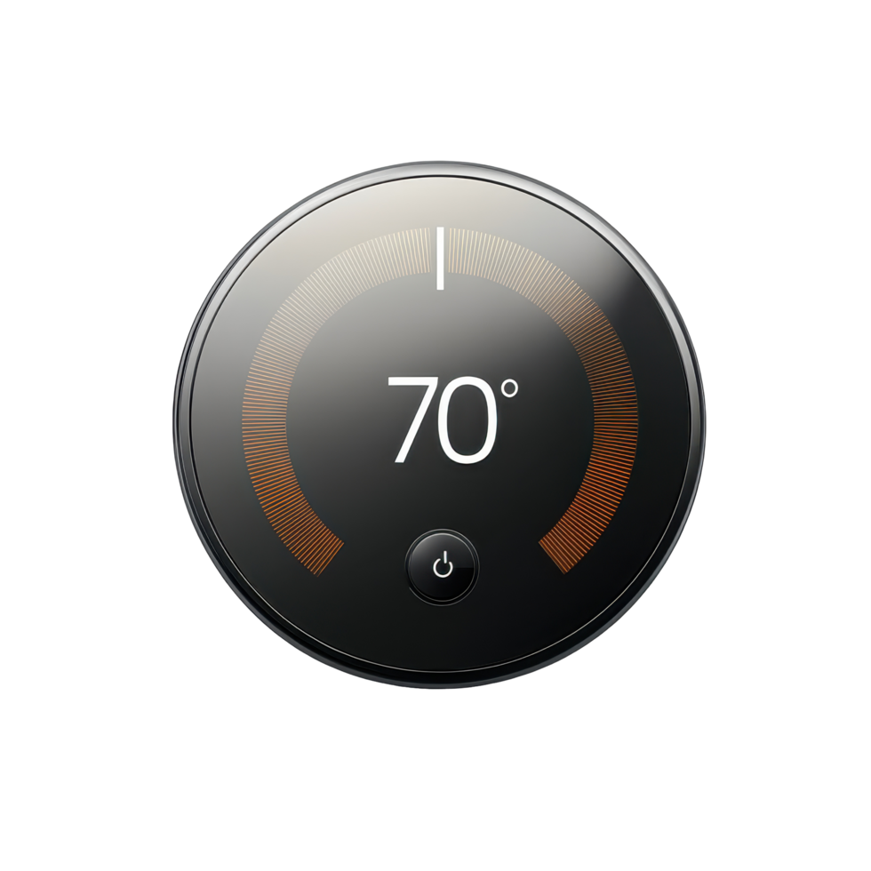 Modern, circular smart thermostat displaying 70 degrees. png