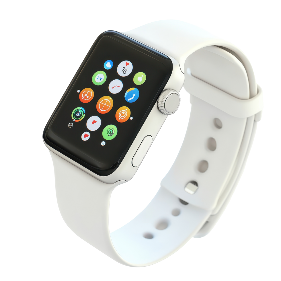 Modern white smart watch with interactive display. png