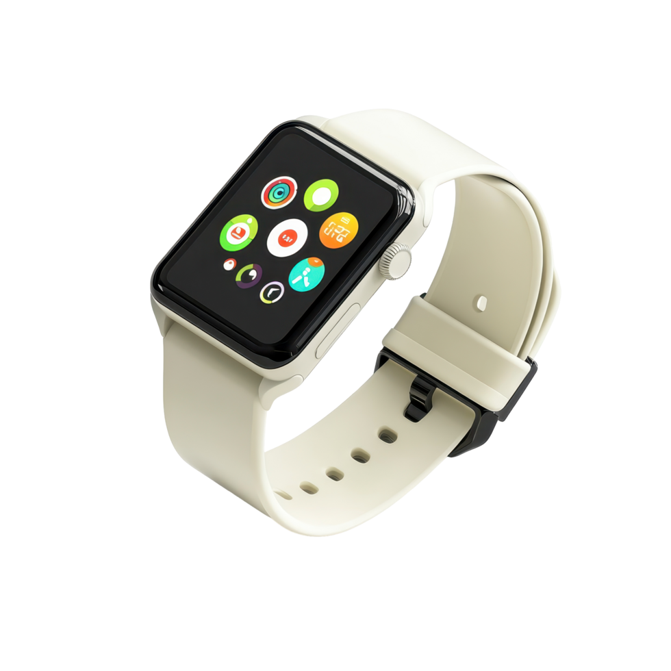 Modern light beige smart watch with colorful display. png