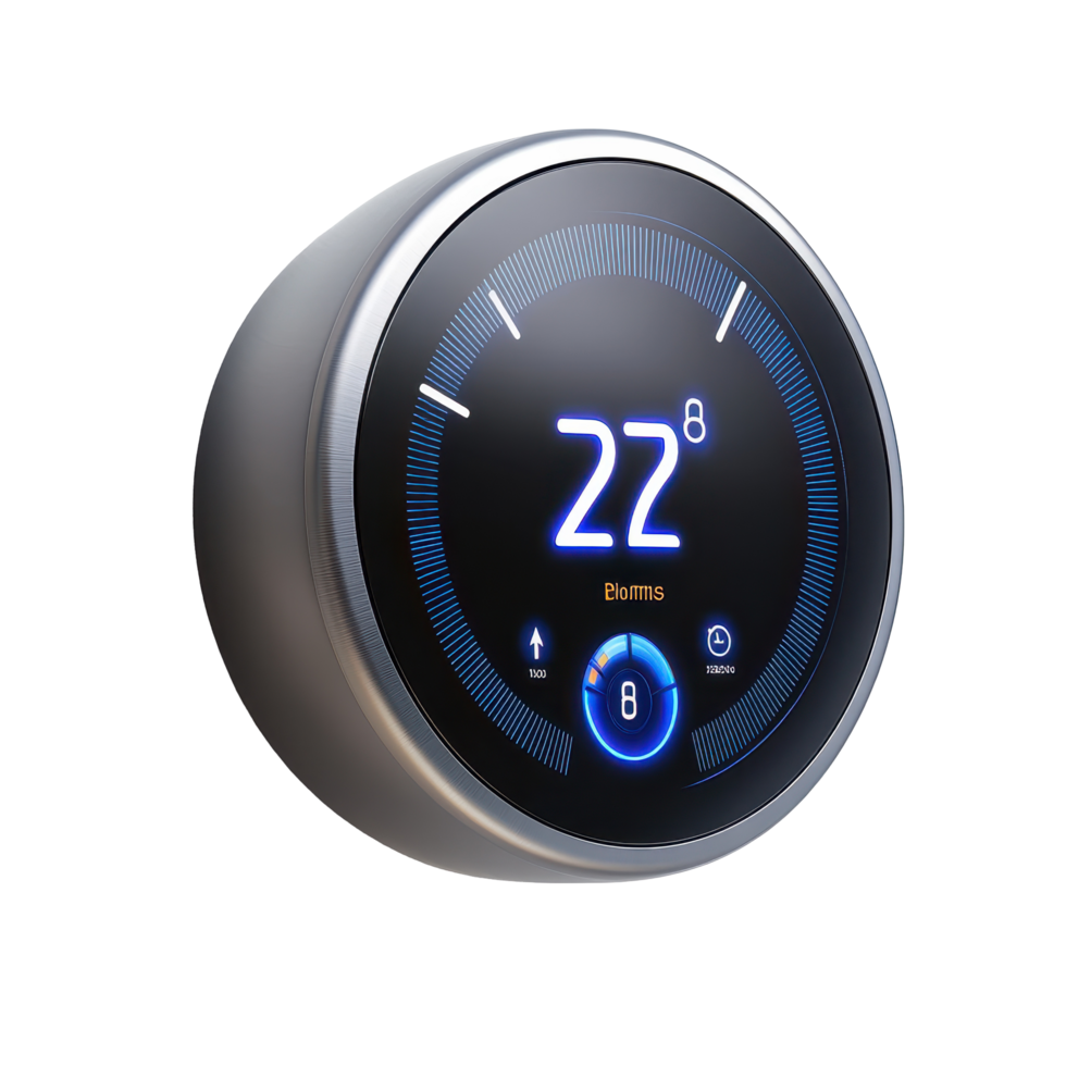 Modern digital smart thermostat displaying current temperature. png