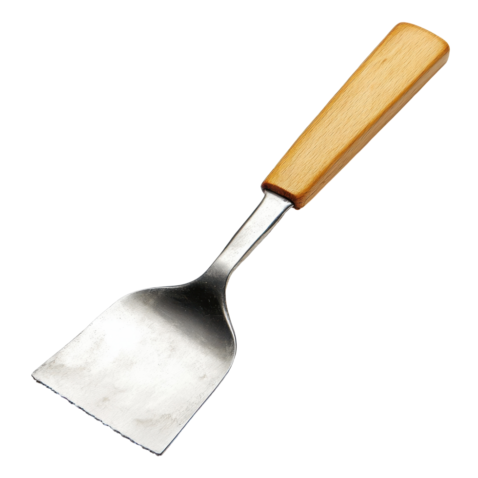 Wooden-handled, stainless steel spatula for grilling. png